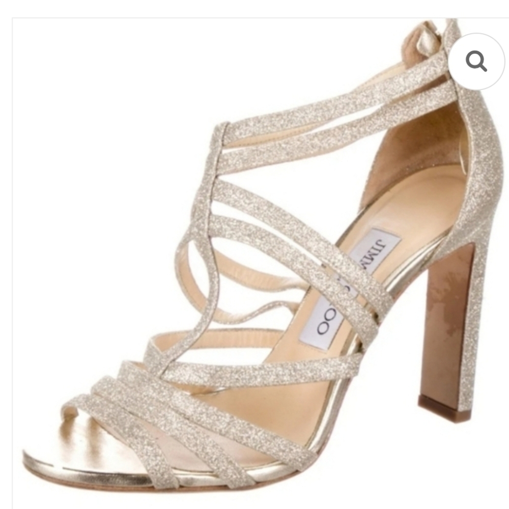 Jimmy Choo Selina Gold 100Glitter Strappy Sandals size 39 Like New With Box Auth